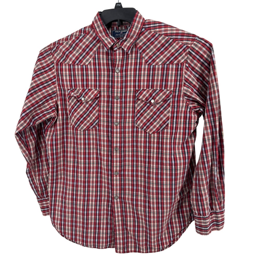 Vintage Polo Sport Ralph Lauren Shirt Large Mens Red Plaid Western Pearl Snap